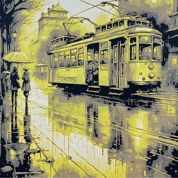 Tram Rainy Street Scene Wall Art, Textured Art - Picture 2 of 10